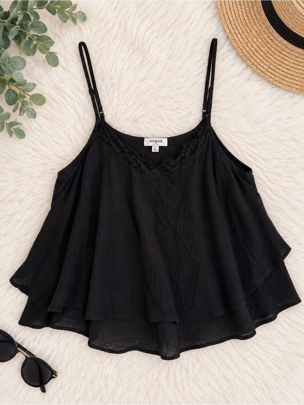 Umgee Black Layered Lace Trim Cami Tank Size L